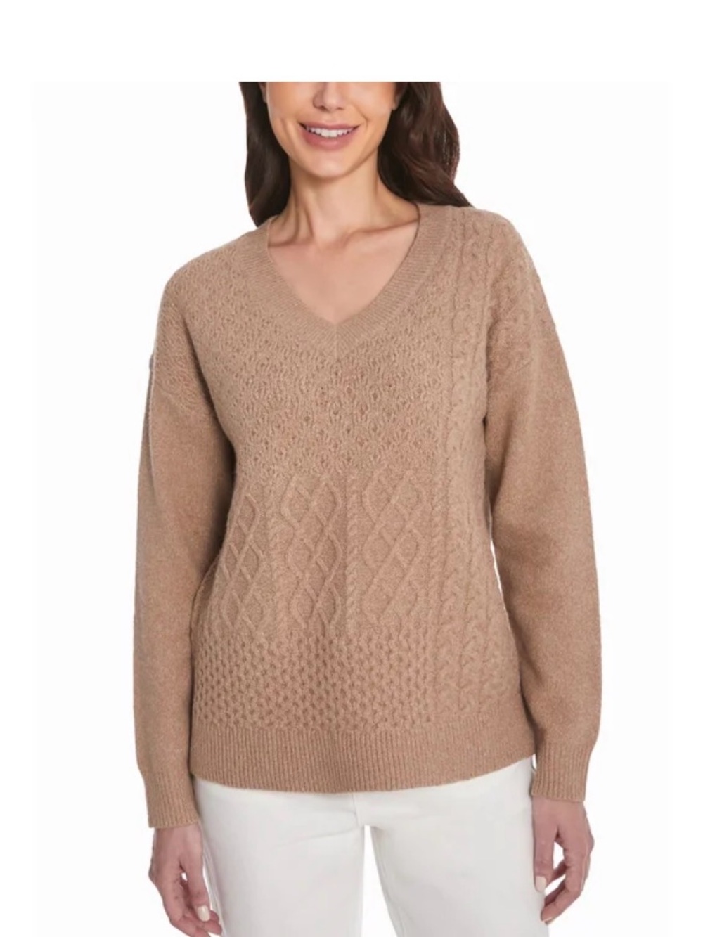 Frye Women's V-Neck Cable Knit Sweater in Camel Taupe
